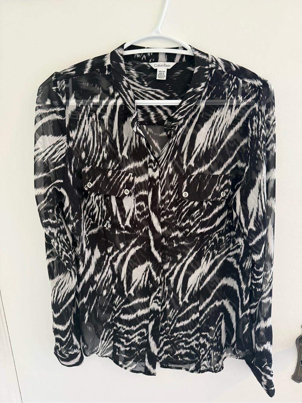 Calvin Klein Black & White Zebra-Pattern Button Blouse
